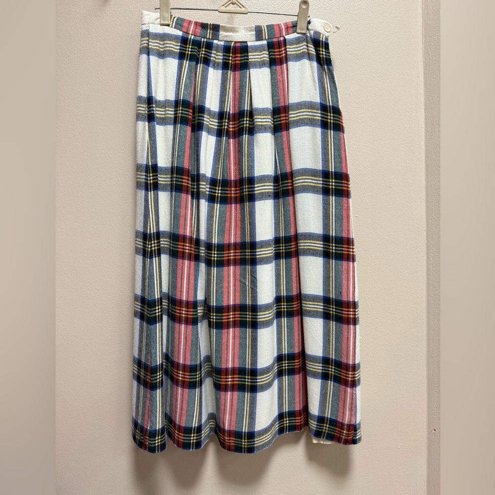 Vintage 70s 80s Point of View Wool Blend Plaid Pleated Midi Skirt Size 12 USA